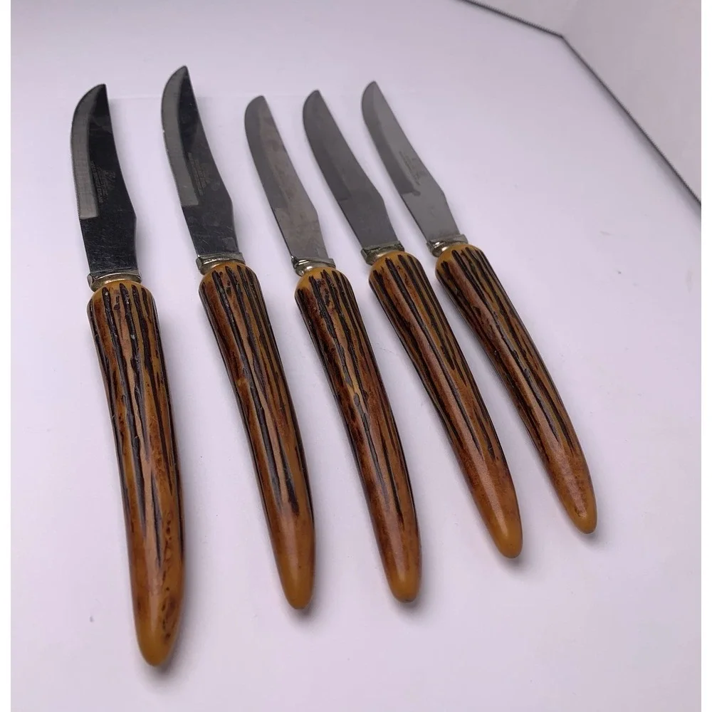 5 Vintage Steak Knives Stainless‎ Steel Blade Sheffield England Faux Antler